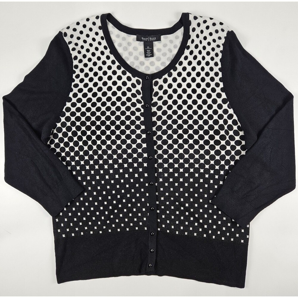 WHBM XL Black White Polka Dot Button Up Classic Soft Viscose Cardigan Sweater